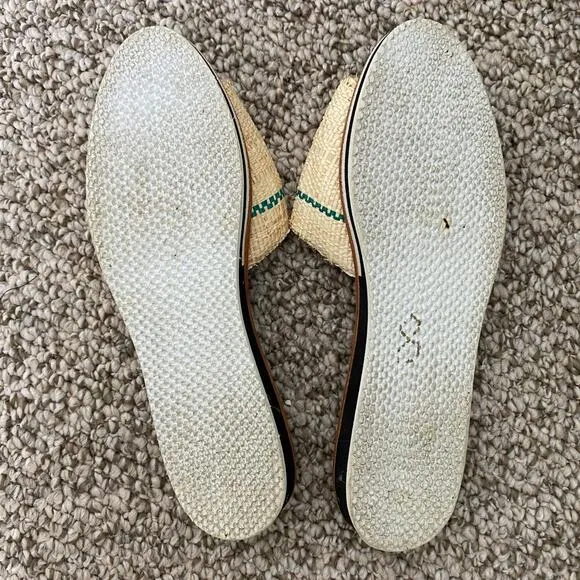 RACHEL COMEY Sandals Size 7 Flats Plaid Raffia Natural Woven Slides Designer