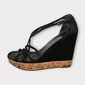 rada Black Suede Cork Platform Wedge Strappy Sandals