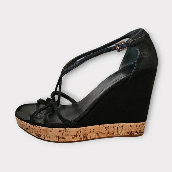 rada Black Suede Cork Platform Wedge Strappy Sandals