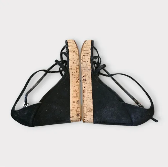rada Black Suede Cork Platform Wedge Strappy Sandals