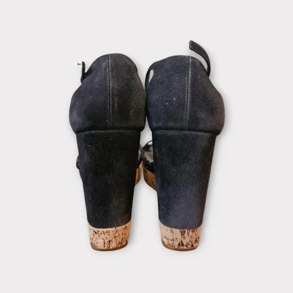 rada Black Suede Cork Platform Wedge Strappy Sandals