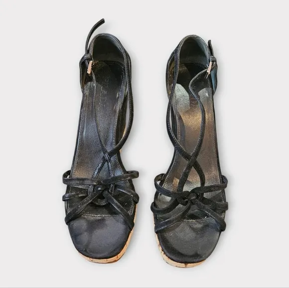 rada Black Suede Cork Platform Wedge Strappy Sandals