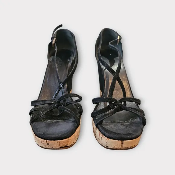 rada Black Suede Cork Platform Wedge Strappy Sandals