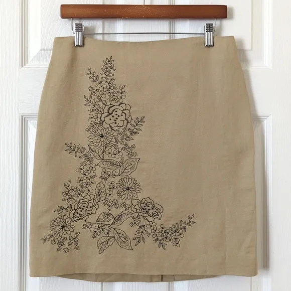 Rafael 90's Vintage Floral Embroidered &amp; Beaded Linen Blend Mini Skirt Tan SP