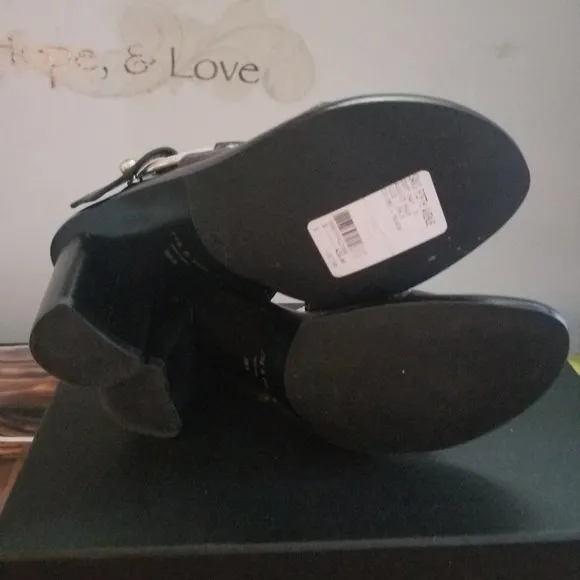 RAG &amp; BONE August Black Croco Embossed Leather Slides Block Heels Sandals 36.5