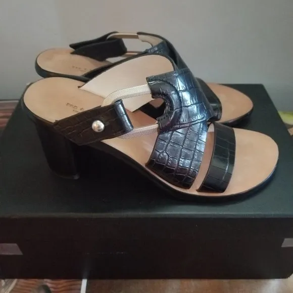 RAG &amp; BONE August Black Croco Embossed Leather Slides Block Heels Sandals 36.5