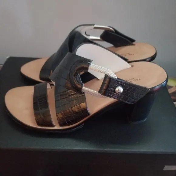RAG &amp; BONE August Black Croco Embossed Leather Slides Block Heels Sandals 36.5