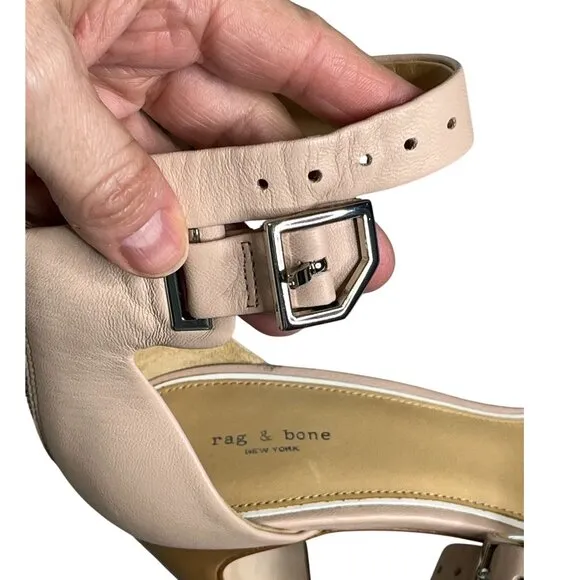 Rag &amp; Bone Ellis Sandal Nude Leather Block Heel Ankle Strap Sandals SZ 39, US 9