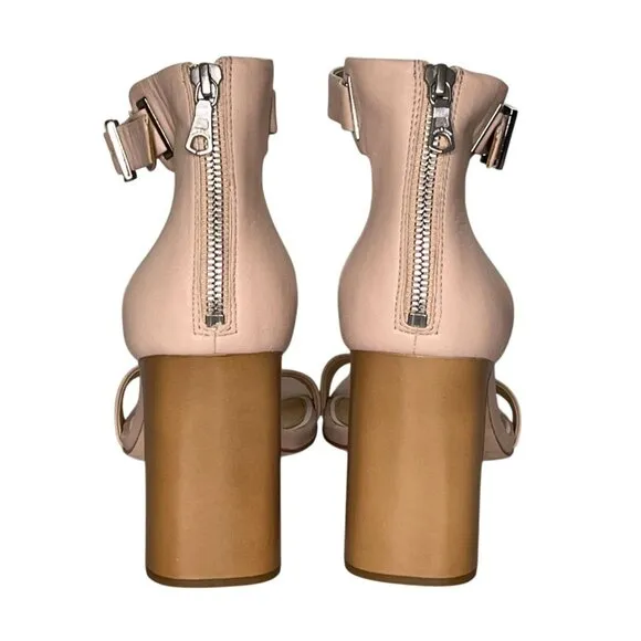 Rag &amp; Bone Ellis Sandal Nude Leather Block Heel Ankle Strap Sandals SZ 39, US 9