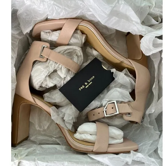Rag &amp; Bone Ellis Sandal Nude Leather Block Heel Ankle Strap Sandals SZ 39, US 9