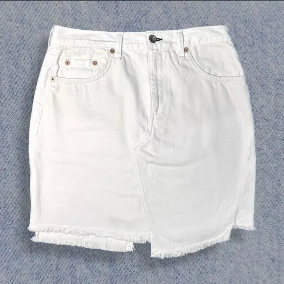 Rag &amp; Bone Women’s White Denim Asymmetrical Frayed Hem Mini Skirt - Size 27