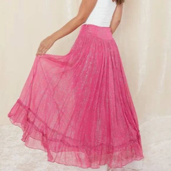 Raga Size S Zella Lurex Maxi Skirt NWT Boho Indie Pink Silver Metallic Gypsy New