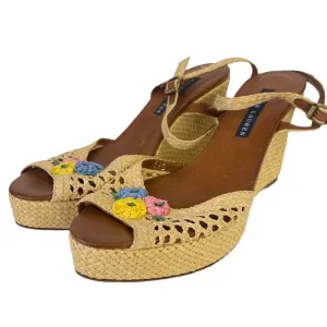 Ralph Lauren Sandals Raffia Woven Platform Wedge Heel Floral Classic Size 8.5