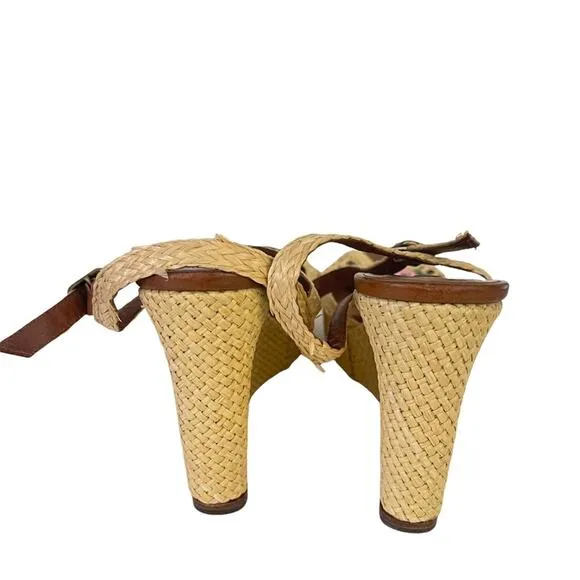 Ralph Lauren Sandals Raffia Woven Platform Wedge Heel Floral Classic Size 8.5