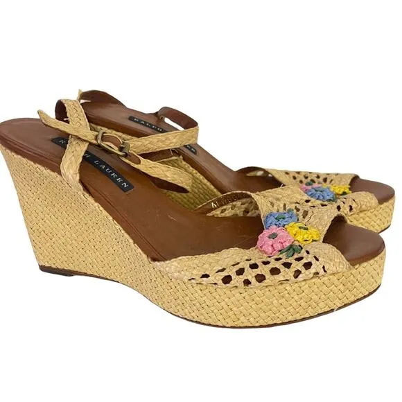 Ralph Lauren Sandals Raffia Woven Platform Wedge Heel Floral Classic Size 8.5