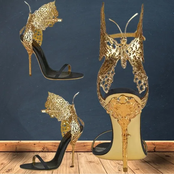 RARE find. Sergio Rossi Filigree high heel with gold leather butterfly, size 36