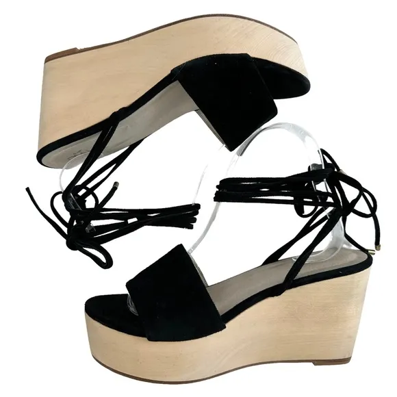 Raye Finley Black Suede Wooden Platform Wedge Sandals Size 8