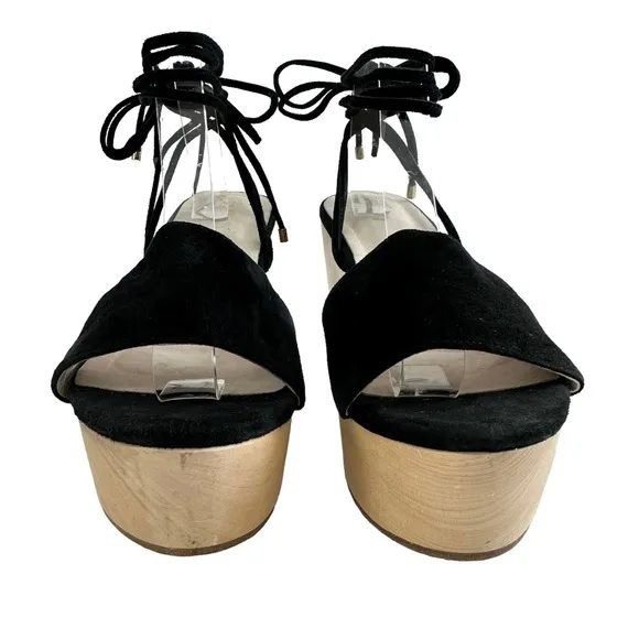 Raye Finley Black Suede Wooden Platform Wedge Sandals Size 8