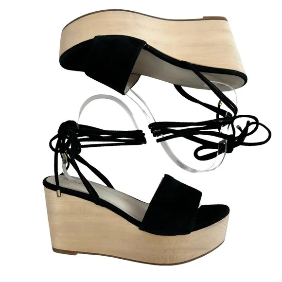 Raye Finley Black Suede Wooden Platform Wedge Sandals Size 8