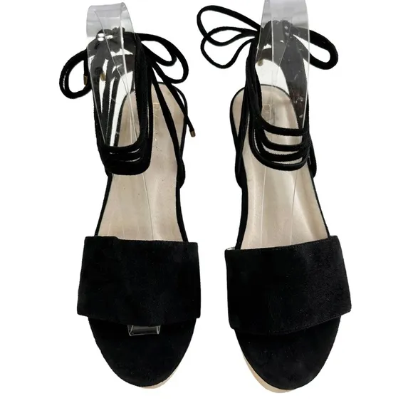 Raye Finley Black Suede Wooden Platform Wedge Sandals Size 8