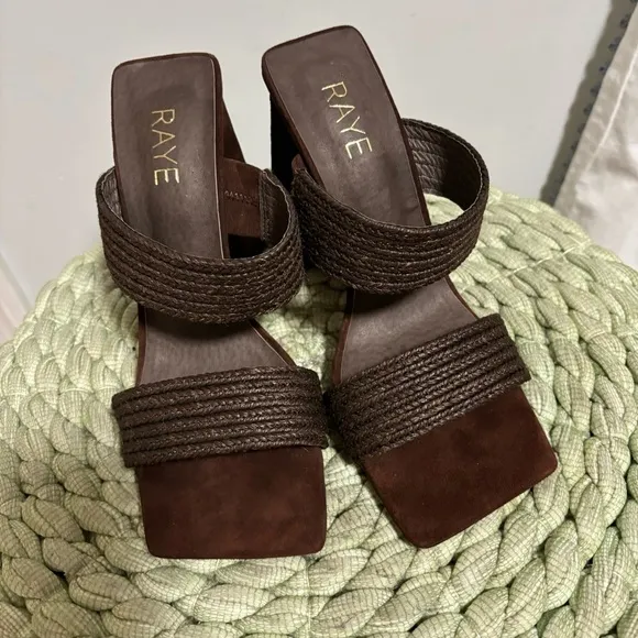 Raye Lula Brown Suede Jute Double Strap Square Toe Pyramid Heel Sandals NWOB