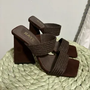 Raye Lula Brown Suede Jute Double Strap Square Toe Pyramid Heel Sandals NWOB