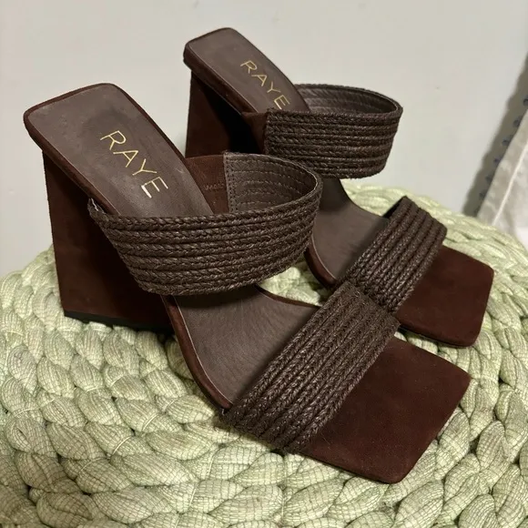 Raye Lula Brown Suede Jute Double Strap Square Toe Pyramid Heel Sandals NWOB