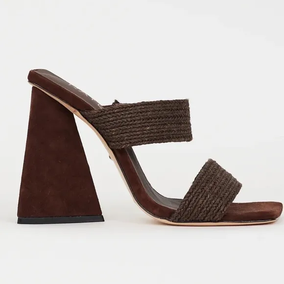Raye Lula Brown Suede Jute Double Strap Square Toe Pyramid Heel Sandals NWOB