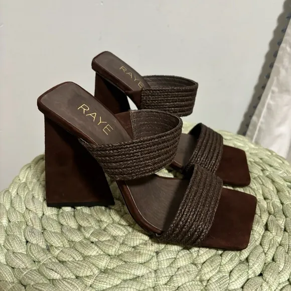 Raye Lula Brown Suede Jute Double Strap Square Toe Pyramid Heel Sandals NWOB