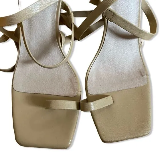 Raye Yox Heels in nude wrap around ankle ribbon strappy sandals shoes Revolve
