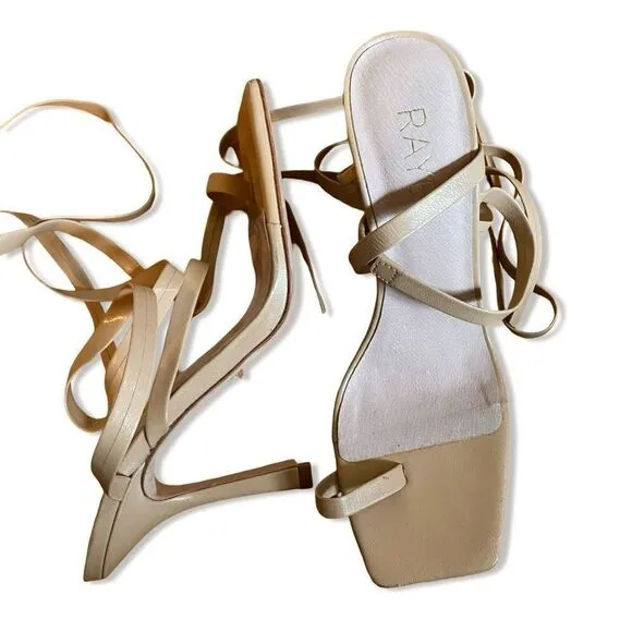 Raye Yox Heels in nude wrap around ankle ribbon strappy sandals shoes Revolve