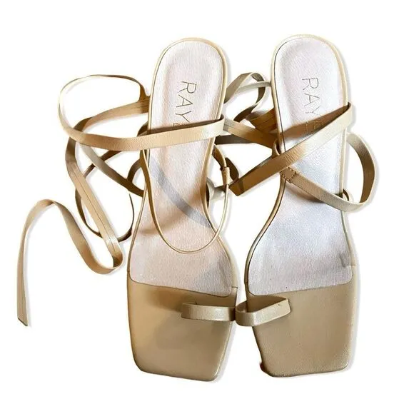 Raye Yox Heels in nude wrap around ankle ribbon strappy sandals shoes Revolve