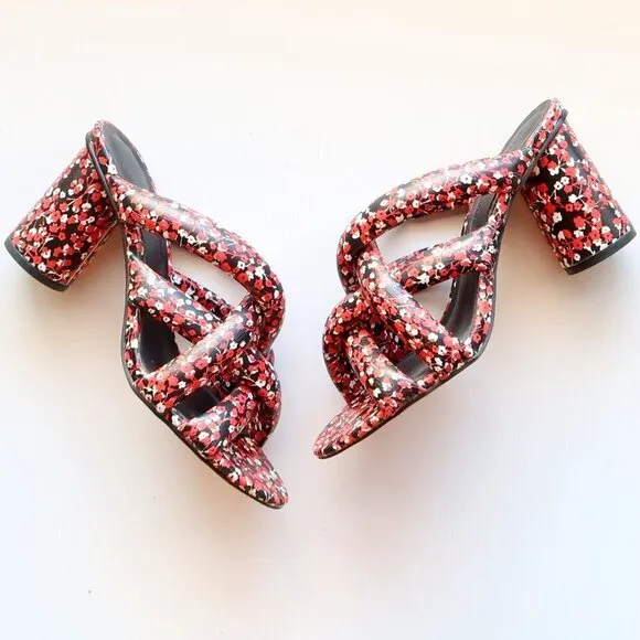 Rebecca Minkoff Black &amp; Red Floral Puffy Strap Heels Mule Sandals Summer Shoes 6