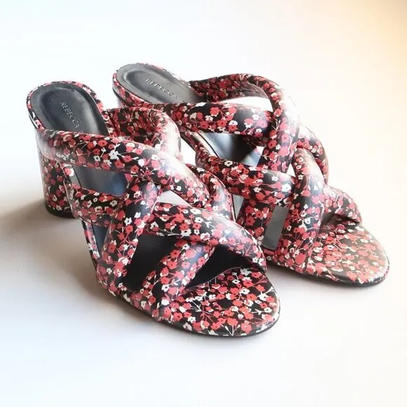 Rebecca Minkoff Black &amp; Red Floral Puffy Strap Heels Mule Sandals Summer Shoes 6