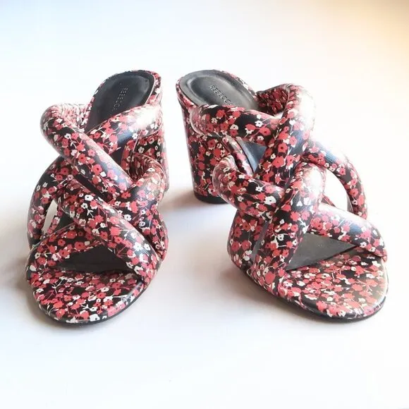 Rebecca Minkoff Black &amp; Red Floral Puffy Strap Heels Mule Sandals Summer Shoes 6