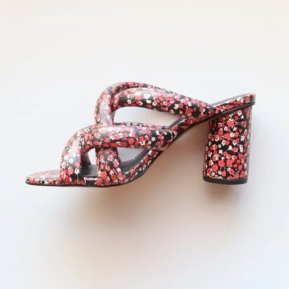 Rebecca Minkoff Black &amp; Red Floral Puffy Strap Heels Mule Sandals Summer Shoes 6