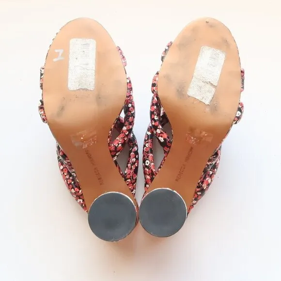Rebecca Minkoff Black &amp; Red Floral Puffy Strap Heels Mule Sandals Summer Shoes 6