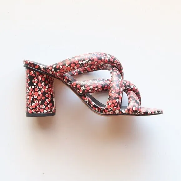 Rebecca Minkoff Black &amp; Red Floral Puffy Strap Heels Mule Sandals Summer Shoes 6