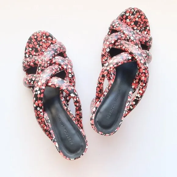 Rebecca Minkoff Black &amp; Red Floral Puffy Strap Heels Mule Sandals Summer Shoes 6