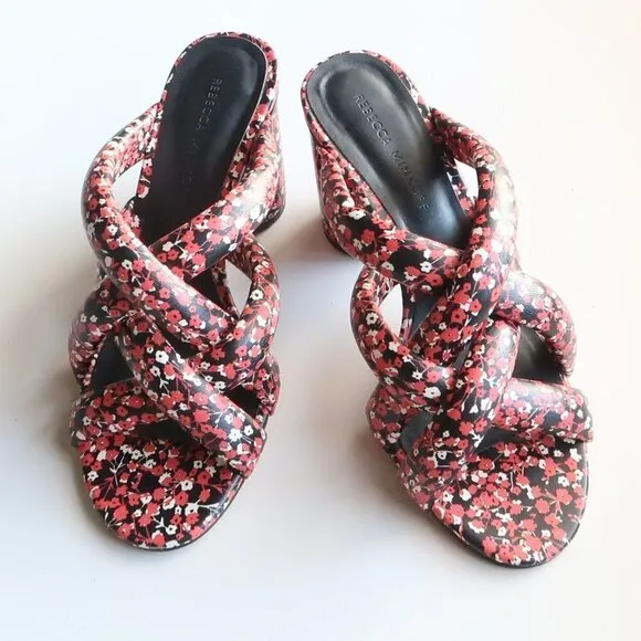 Rebecca Minkoff Black &amp; Red Floral Puffy Strap Heels Mule Sandals Summer Shoes 6