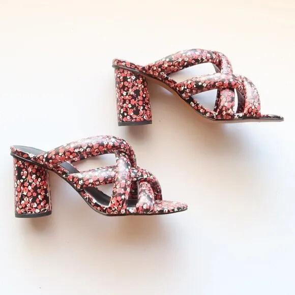 Rebecca Minkoff Black &amp; Red Floral Puffy Strap Heels Mule Sandals Summer Shoes 6