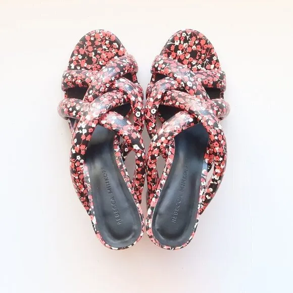 Rebecca Minkoff Black &amp; Red Floral Puffy Strap Heels Mule Sandals Summer Shoes 6