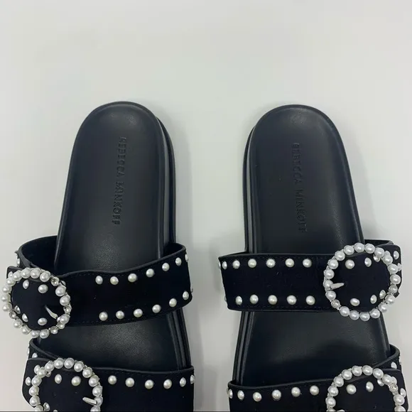 Rebecca Minkoff Veeoleeta Double Suede Strap Pearl Embellished Slide Sandals
