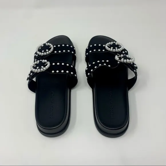 Rebecca Minkoff Veeoleeta Double Suede Strap Pearl Embellished Slide Sandals