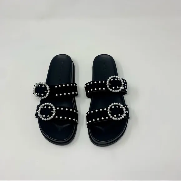 Rebecca Minkoff Veeoleeta Double Suede Strap Pearl Embellished Slide Sandals