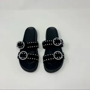 Rebecca Minkoff Veeoleeta Double Suede Strap Pearl Embellished Slide Sandals