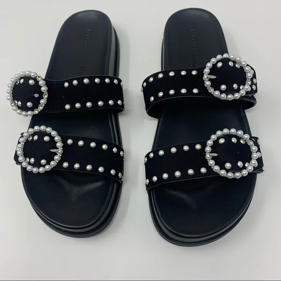 Rebecca Minkoff Veeoleeta Double Suede Strap Pearl Embellished Slide Sandals