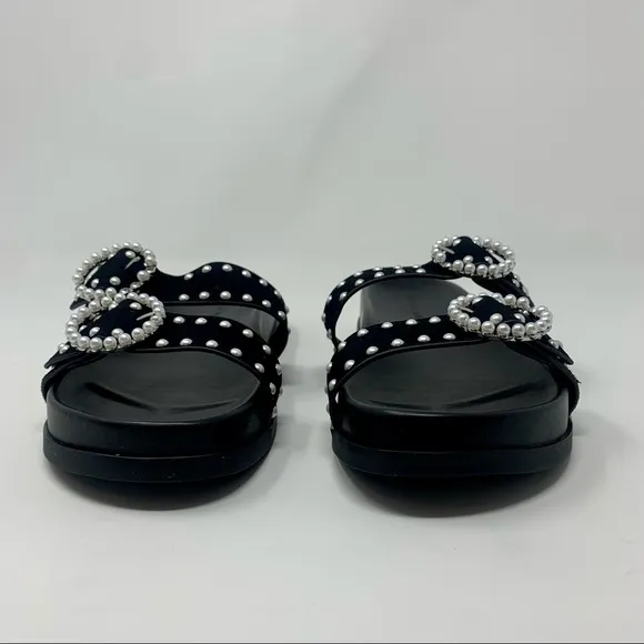 Rebecca Minkoff Veeoleeta Double Suede Strap Pearl Embellished Slide Sandals
