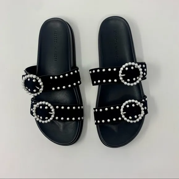 Rebecca Minkoff Veeoleeta Double Suede Strap Pearl Embellished Slide Sandals