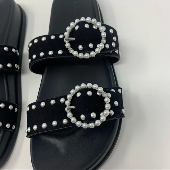 Rebecca Minkoff Veeoleeta Double Suede Strap Pearl Embellished Slide Sandals